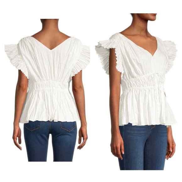 Rebecca Taylor Broomstick Peplum Blouse Flutter Sleeves in Lyria White size 14/L - Picture 4 of 16